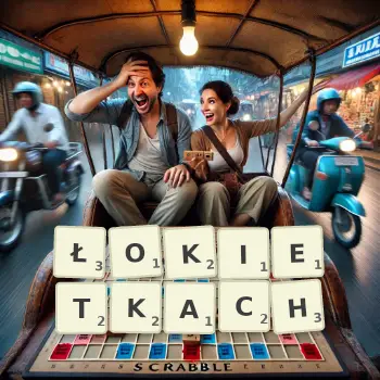 Kreatywna ilustracja do gry w Scrabble ze słowem ŁOKIETKACH ułożonym z płytek na planszy.