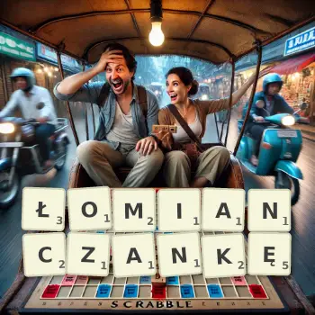 Kreatywna ilustracja do gry w Scrabble ze słowem ŁOMIANCZANKĘ ułożonym z płytek na planszy.