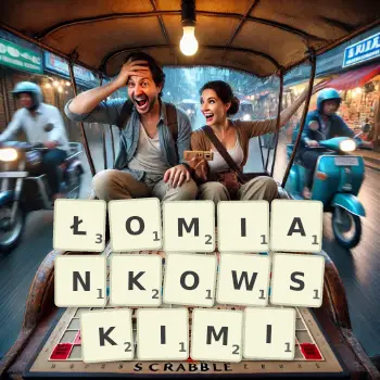 Kreatywna ilustracja do gry w Scrabble ze słowem ŁOMIANKOWSKIMI ułożonym z płytek na planszy.