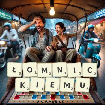 Kreatywna ilustracja do gry w Scrabble ze słowem ŁOMNICKIEMU ułożonym z płytek na planszy.