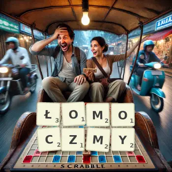 Kreatywna ilustracja do gry w Scrabble ze słowem ŁOMOCZMY ułożonym z płytek na planszy.