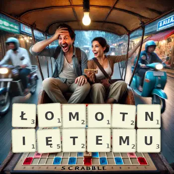 Kreatywna ilustracja do gry w Scrabble ze słowem ŁOMOTNIĘTEMU ułożonym z płytek na planszy.