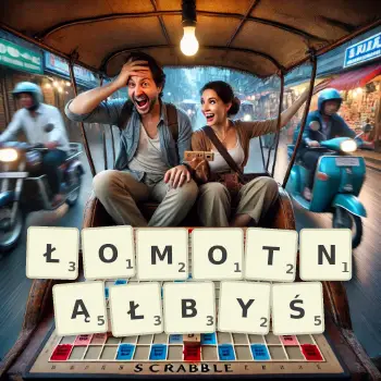 Kreatywna ilustracja do gry w Scrabble ze słowem ŁOMOTNĄŁBYŚ ułożonym z płytek na planszy.