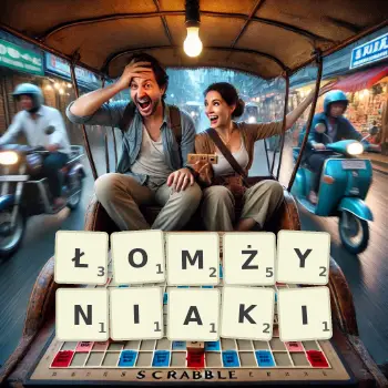 Kreatywna ilustracja do gry w Scrabble ze słowem ŁOMŻYNIAKI ułożonym z płytek na planszy.