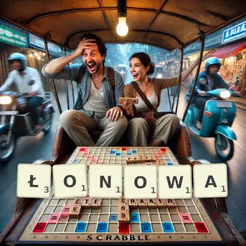 Kreatywna ilustracja do gry w Scrabble ze słowem ŁONOWA ułożonym z płytek na planszy.