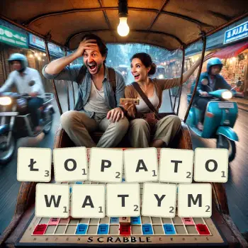 Kreatywna ilustracja do gry w Scrabble ze słowem ŁOPATOWATYM ułożonym z płytek na planszy.