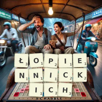 Kreatywna ilustracja do gry w Scrabble ze słowem ŁOPIENNICKICH ułożonym z płytek na planszy.