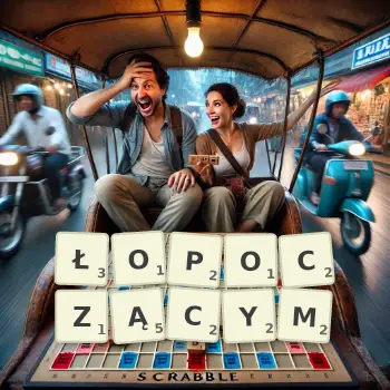 Kreatywna ilustracja do gry w Scrabble ze słowem ŁOPOCZĄCYM ułożonym z płytek na planszy.