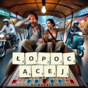 Kreatywna ilustracja do gry w Scrabble ze słowem ŁOPOCĄCEJ ułożonym z płytek na planszy.