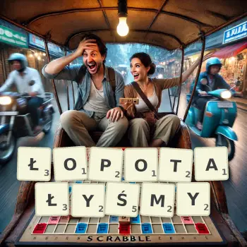 Kreatywna ilustracja do gry w Scrabble ze słowem ŁOPOTAŁYŚMY ułożonym z płytek na planszy.