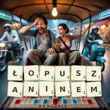 Kreatywna ilustracja do gry w Scrabble ze słowem ŁOPUSZANINEM ułożonym z płytek na planszy.