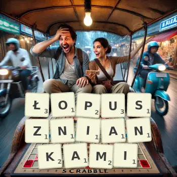 Kreatywna ilustracja do gry w Scrabble ze słowem ŁOPUSZNIANKAMI ułożonym z płytek na planszy.