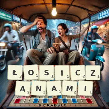 Kreatywna ilustracja do gry w Scrabble ze słowem ŁOSICZANAMI ułożonym z płytek na planszy.
