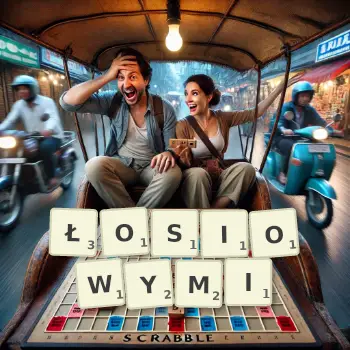 Kreatywna ilustracja do gry w Scrabble ze słowem ŁOSIOWYMI ułożonym z płytek na planszy.