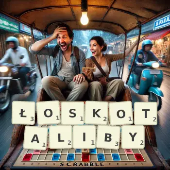 Kreatywna ilustracja do gry w Scrabble ze słowem ŁOSKOTALIBY ułożonym z płytek na planszy.