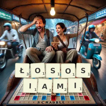 Kreatywna ilustracja do gry w Scrabble ze słowem ŁOSOSIAMI ułożonym z płytek na planszy.