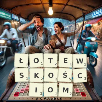 Kreatywna ilustracja do gry w Scrabble ze słowem ŁOTEWSKOŚCIOM ułożonym z płytek na planszy.