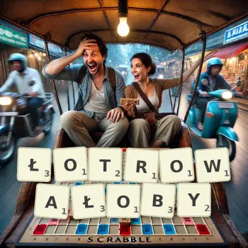 Kreatywna ilustracja do gry w Scrabble ze słowem ŁOTROWAŁOBY ułożonym z płytek na planszy.