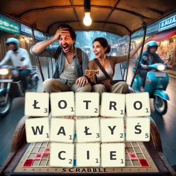Kreatywna ilustracja do gry w Scrabble ze słowem ŁOTROWAŁYŚCIE ułożonym z płytek na planszy.