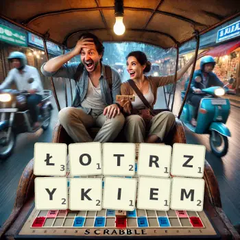 Kreatywna ilustracja do gry w Scrabble ze słowem ŁOTRZYKIEM ułożonym z płytek na planszy.