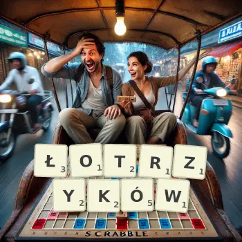 Kreatywna ilustracja do gry w Scrabble ze słowem ŁOTRZYKÓW ułożonym z płytek na planszy.