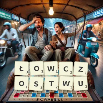 Kreatywna ilustracja do gry w Scrabble ze słowem ŁOWCZOSTWU ułożonym z płytek na planszy.