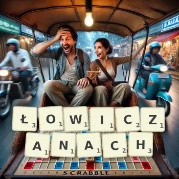 Kreatywna ilustracja do gry w Scrabble ze słowem ŁOWICZANACH ułożonym z płytek na planszy.