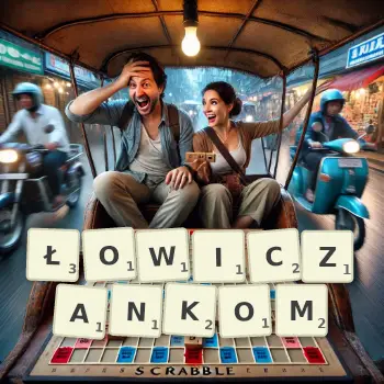 Kreatywna ilustracja do gry w Scrabble ze słowem ŁOWICZANKOM ułożonym z płytek na planszy.