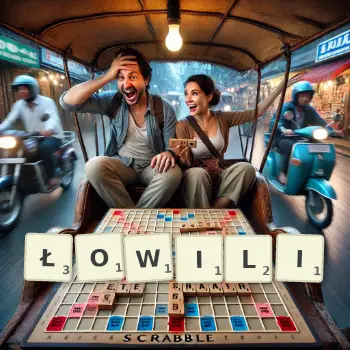 Kreatywna ilustracja do gry w Scrabble ze słowem ŁOWILI ułożonym z płytek na planszy.