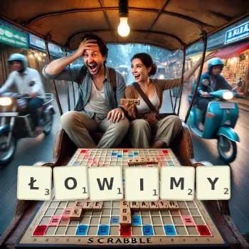 Kreatywna ilustracja do gry w Scrabble ze słowem ŁOWIMY ułożonym z płytek na planszy.