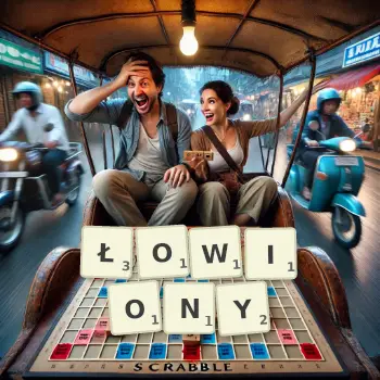 Kreatywna ilustracja do gry w Scrabble ze słowem ŁOWIONY ułożonym z płytek na planszy.