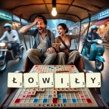 Kreatywna ilustracja do gry w Scrabble ze słowem ŁOWIŁY ułożonym z płytek na planszy.