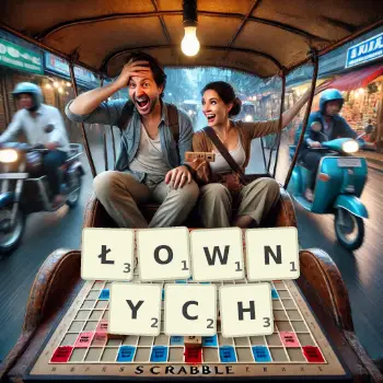 Kreatywna ilustracja do gry w Scrabble ze słowem ŁOWNYCH ułożonym z płytek na planszy.