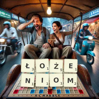 Kreatywna ilustracja do gry w Scrabble ze słowem ŁOŻENIOM ułożonym z płytek na planszy.