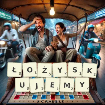 Kreatywna ilustracja do gry w Scrabble ze słowem ŁOŻYSKUJEMY ułożonym z płytek na planszy.