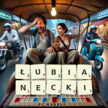 Kreatywna ilustracja do gry w Scrabble ze słowem ŁUBIANECKI ułożonym z płytek na planszy.