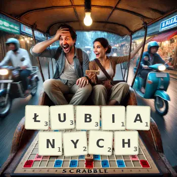 Kreatywna ilustracja do gry w Scrabble ze słowem ŁUBIANYCH ułożonym z płytek na planszy.