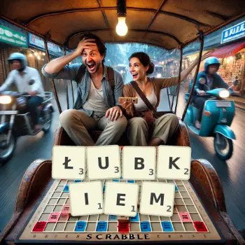 Kreatywna ilustracja do gry w Scrabble ze słowem ŁUBKIEM ułożonym z płytek na planszy.