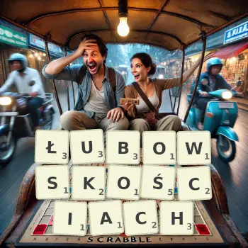 Kreatywna ilustracja do gry w Scrabble ze słowem ŁUBOWSKOŚCIACH ułożonym z płytek na planszy.