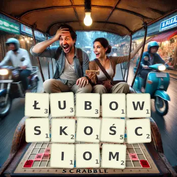 Kreatywna ilustracja do gry w Scrabble ze słowem ŁUBOWSKOŚCIOM ułożonym z płytek na planszy.