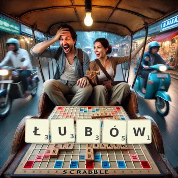 Kreatywna ilustracja do gry w Scrabble ze słowem ŁUBÓW ułożonym z płytek na planszy.