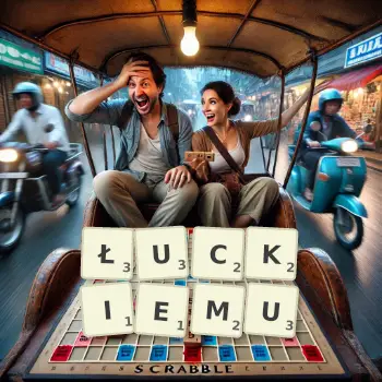 Kreatywna ilustracja do gry w Scrabble ze słowem ŁUCKIEMU ułożonym z płytek na planszy.