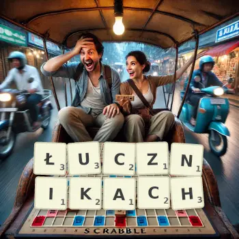 Kreatywna ilustracja do gry w Scrabble ze słowem ŁUCZNIKACH ułożonym z płytek na planszy.