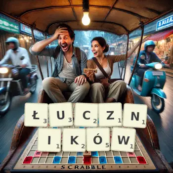 Kreatywna ilustracja do gry w Scrabble ze słowem ŁUCZNIKÓW ułożonym z płytek na planszy.