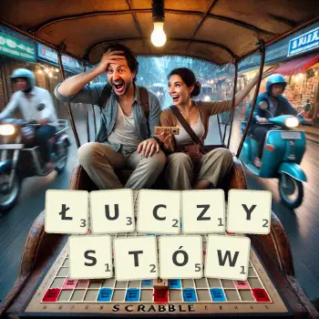 Kreatywna ilustracja do gry w Scrabble ze słowem ŁUCZYSTÓW ułożonym z płytek na planszy.