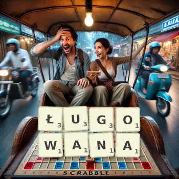 Kreatywna ilustracja do gry w Scrabble ze słowem ŁUGOWANA ułożonym z płytek na planszy.