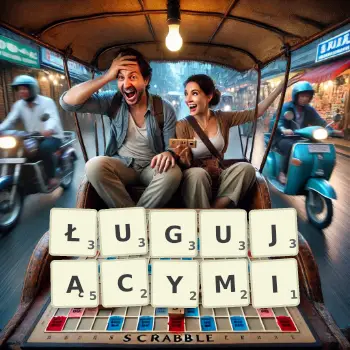 Kreatywna ilustracja do gry w Scrabble ze słowem ŁUGUJĄCYMI ułożonym z płytek na planszy.