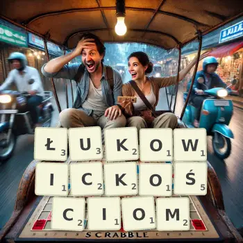 Kreatywna ilustracja do gry w Scrabble ze słowem ŁUKOWICKOŚCIOM ułożonym z płytek na planszy.