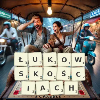 Kreatywna ilustracja do gry w Scrabble ze słowem ŁUKOWSKOŚCIACH ułożonym z płytek na planszy.