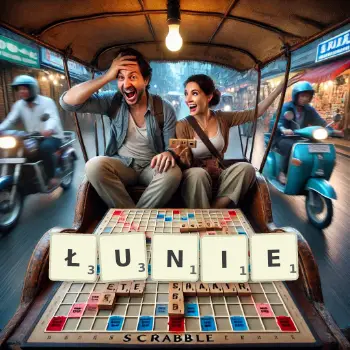 Kreatywna ilustracja do gry w Scrabble ze słowem ŁUNIE ułożonym z płytek na planszy.